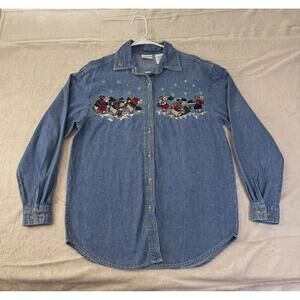 Vintage Bobbie Brooks Women’s Size S Denim Christmas Bears Embroidered Button Up